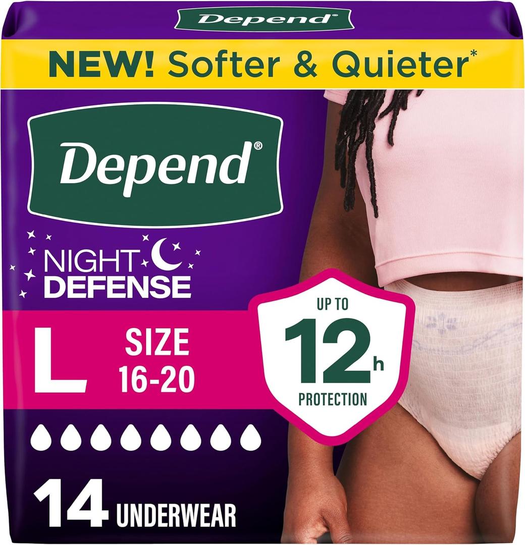 Depend Night Defense Adult Diapers, Incontinence & Postpartum Bladder Leak Underwear for Women, Disposable, Overnight, Large, Blush, 14 Count