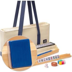 Yellow Mountain Imports American Mahjong Set, Harbor Tide with Beige and Blue Canvas Tote Bag - 4 All-in-One Racks with Pushers, Wright Patterson Scoring Coins, Dice, & Wind Indicator
