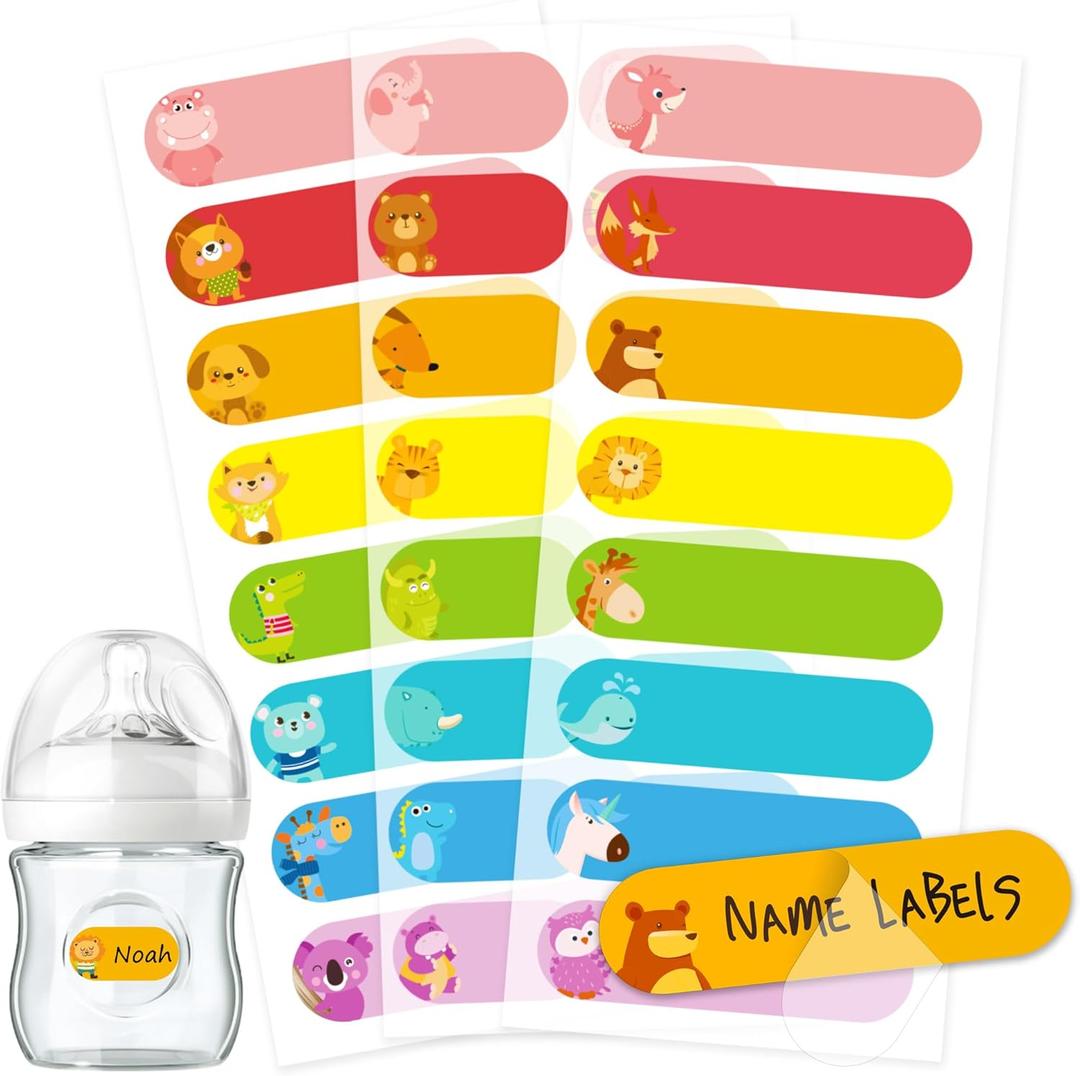 2 x Baby Bottle Labels for Daycare, Self-Laminating, Waterproof Write-On Name Labels, Assorted Sizes & Colors, Pack of 64 (Animal Friends)