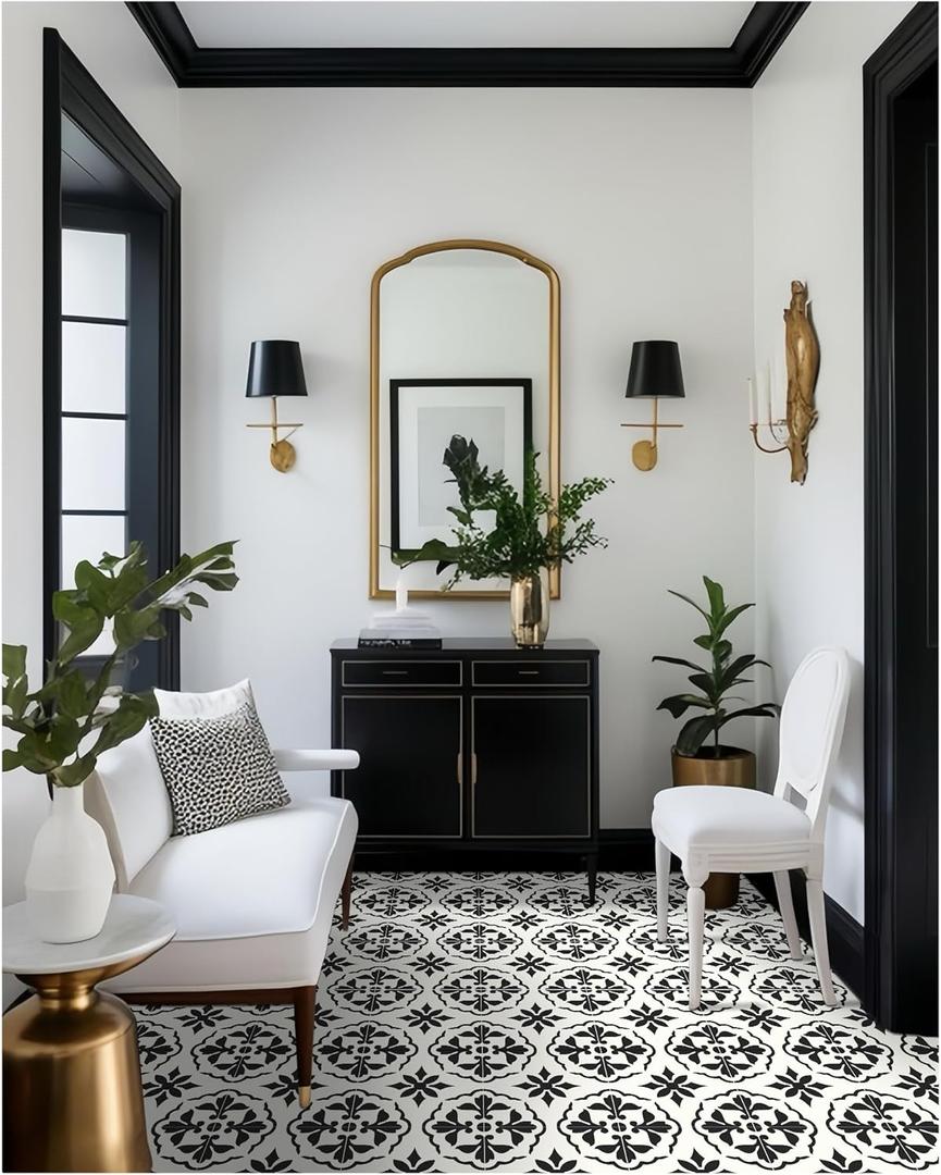 MORCART 7.87" x 7.87" Peel and Stick Floor Tile, 20 PCS Self-Adhesive DIY Vinyl Flooring for Renters, Removable and Waterproof Tile Sticker for Bathroom, Kitchen, Staircase (Black Retro Design)