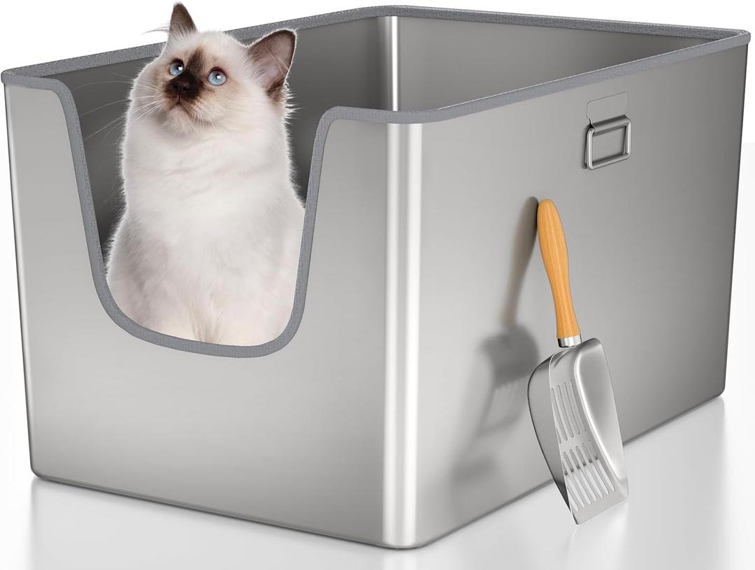 XXL Stainless Steel Cat Litter Box with High Side,No Sharp Edges for Big Cats,One-Piece Deep Metal Litter Box with Curved Low Entry,Anti-Leakage,Non-Sticky,Easy Cleaning(Side Entry) (Side Entry:24.8"17"12")