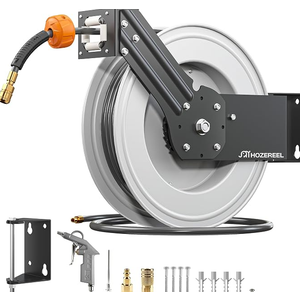 Steel Retractable Air Hose Reel,3/8" x 50 ft Hybrid Hose Max 300PSI,Heavy Duty Air Compressor Hose Reel with Auto Rewind/Quick Air Coupler/Durable Double Side Frame for Garage, Workshop.