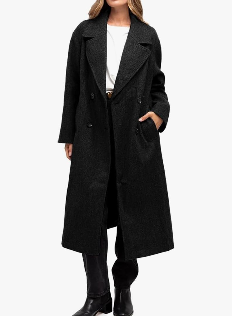 Shiyifa Womens Long Wool Coat Winter Notch Lapel Double Breasted Pea Trench Coat with Pockets Size Small