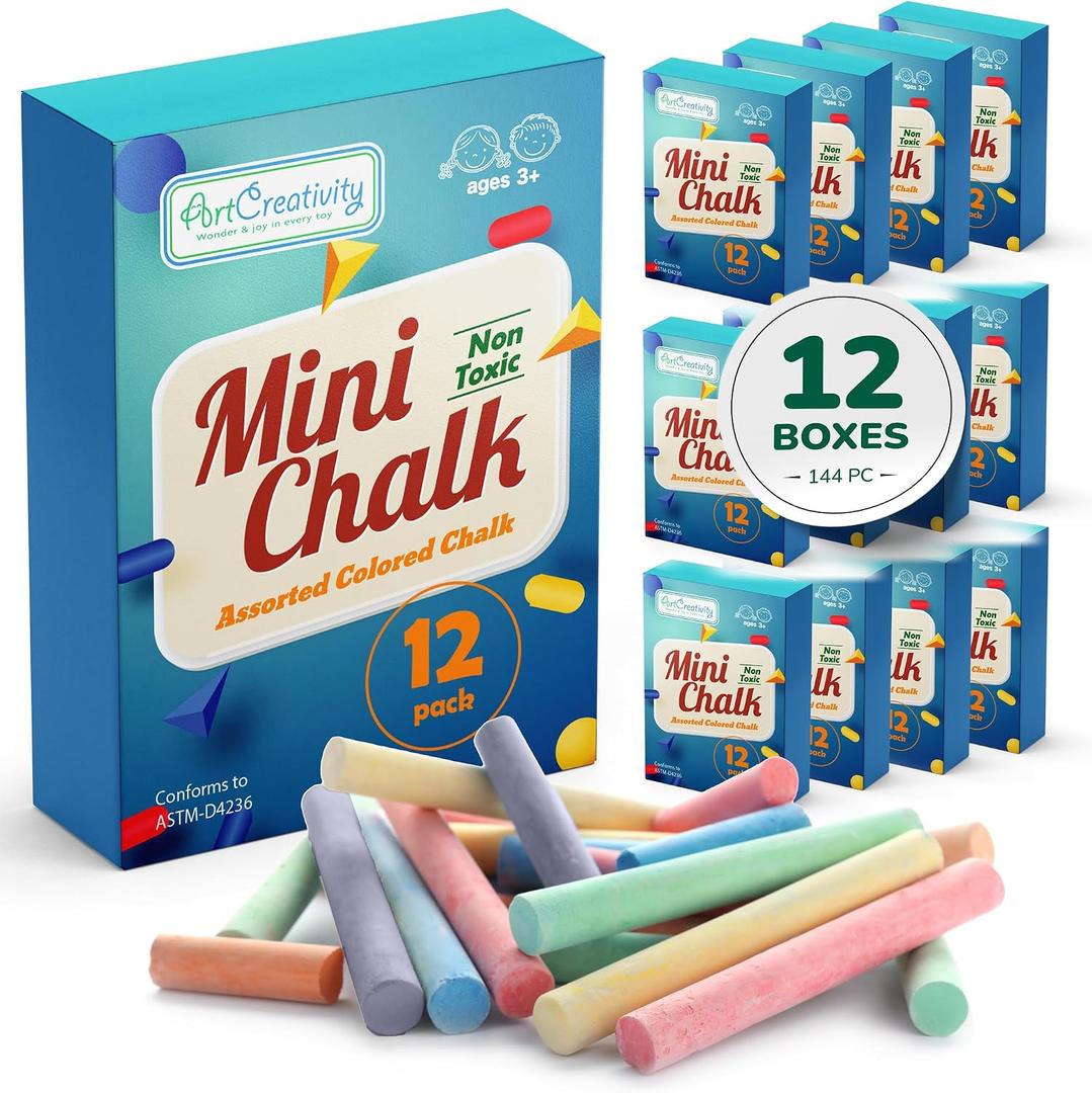 ArtCreativity 144 Count Mini Chalk Sets for Kids (12 Boxes) Non-Toxic Summer Art and Craft Supplies - Small Individual Chalk Packs in Bulk for Classroom Gifts, School Supplies, and Summer Party Favors