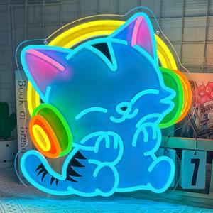 Headphone Cat Neon Sign 13.4x14 Inch UV Printed Musical Blue LED Cat Neon Light for Wall Decor, Dimmable USB Powered Cute Cat Light Up Sign for Bedroom Pet Shop Party Bar Teen Game Room, Gift for Cat Lovers