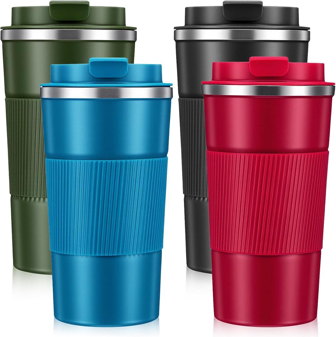 4 Pack Insulated Coffee Mug with Lid, 17oz Leakproof Coffee Travel Mugs, Stainless Steel Double Wall Insulated Vacuum To Go Reusable Portable Thermal Tumbler for Hot&Cold Drinks, Car, Multicol
