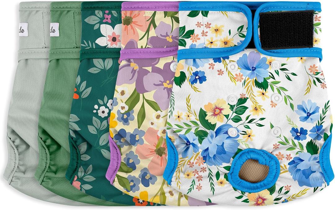 Female Dog Diapers 5Pcs - Premium Reusable Diapers for Doggie in Heat - Highly Absorbent Dog Diapers Female for Pet Incontinence with Adjustable Snaps, Green, M