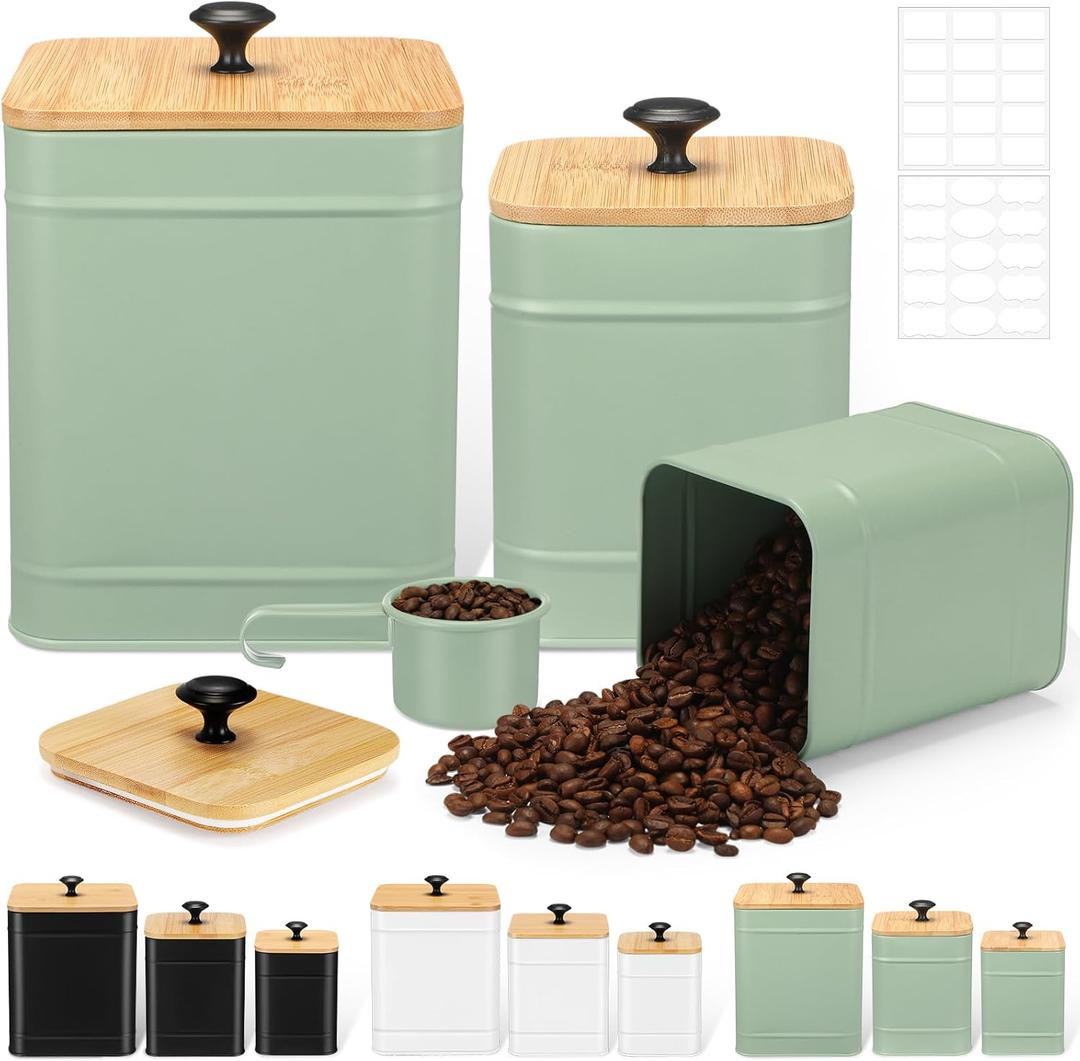 Tioncy Kitchen Canisters for Countertop Set of 3 Metal Canisters Sets with Bamboo Lids Spoon Airtight High Capacity Coffee Tea Sugar Flour Jars with DIY Labels Farmhouse Food Storage(Green,L,M,S)