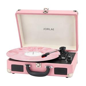 Jorlai Vinyl Record Player 3 Speed Turntable with Bluetooth, Built in Battery, Portable Suitcase, Built in Speakers, 3.5mm Headphone Jack Aux in/RCA Out Pink for Home Decoration Gift