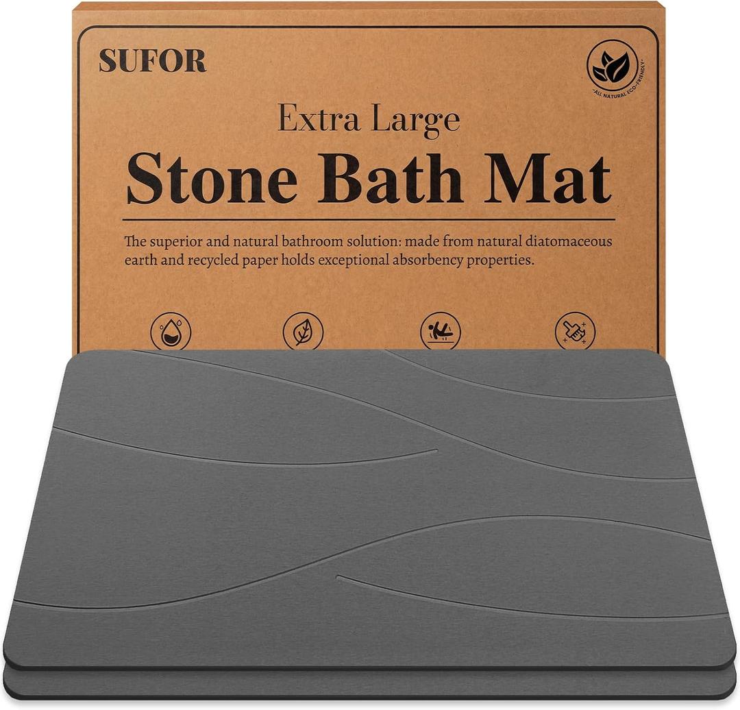 32"x20" Stone Bath Mat 2Pack, Diatomaceous Earth Shower Mat, Non-Slip Super Absorbent Quick Drying Bathroom Floor Mat, Natural, Easy to Clean (Dark Grey)