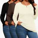 3 Pack Women's Plus Size Cotton Shirts, Scoop Neck Long Sleeve Casual Tops Form Fitting Knitted T-Shirts Blouses, XXL