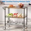 Leteuke Rolling Kitchen Carts with Wheels, 34" L x 17.5" W, 3-Tier Heavy Duty Utility Cart with Wood Tabletop, NSF Commercial Metal Serving Cart with Handle and Shelf Liner for Kitchen, Black