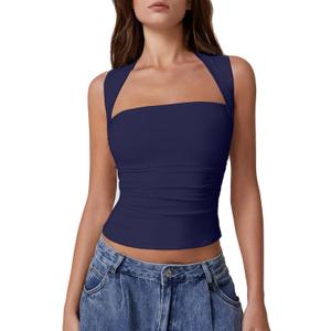 QINSEN Womens Square Neck Tank Tops Side Ruched Double Lined Slim Fit Summer Going Out Crop Top (Small, Navy)