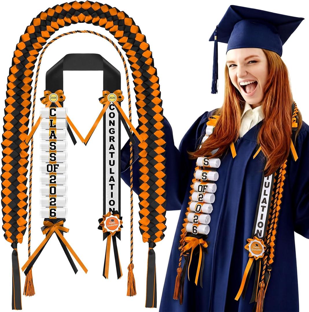 Suncalla Graduation Money Lei Class of 2026 Graduation Leis with Ribbon Wreath and Honor Cord DIY Grad Gifts for Class of 2026 Graduates Party Decorations(Orange and Black)