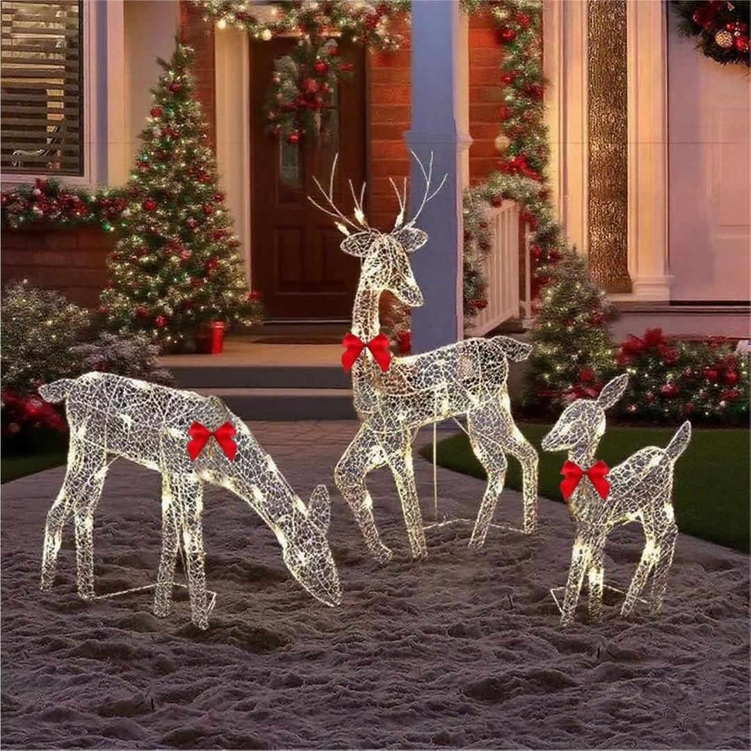 Pre-Lit Outdoor Christmas Deer Family Set, 2D Lighted Reindeer Decoration, 60 LED Warm White Lights, 3-Piece, Waterproof, Battery Powered for Indoor Outdoor Yard Display (A)