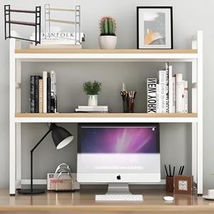 Desk Hutch Desktop Bookshelf 37 inch Dorm Office Countertop 2 Tier x Wide Shelf, Middle Shelf Organizer Height Adjustable (White x Light Brown, Width 37")