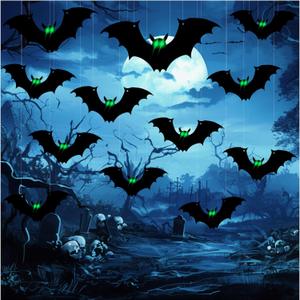 Lighted Halloween Bats,12Pcs 3D Flying Hanging Bats with Auto-On/Off Light Sensor, Flickering Led Glow Green Eyes Bats Decor, Spooky Halloween Outdoor Decor for Indoor, Tree, Yard, Window, Wall