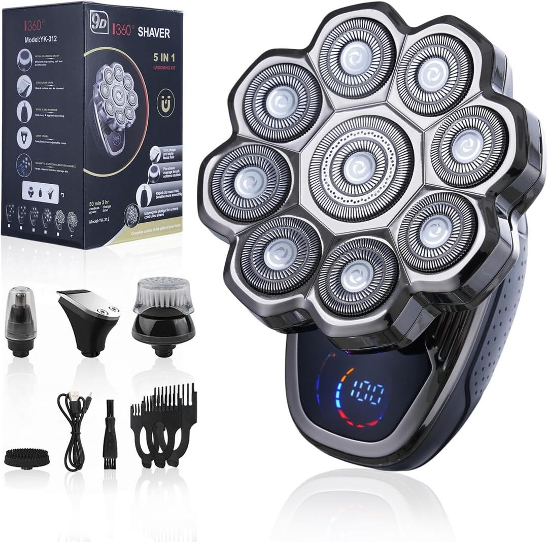 2025 New 9D Head Shavers for Bald Men, 5-in-1 Electric Razor Bawldy 9.0 Floating Pro Ultra Groomie Shaver IPX6 Waterproof with LCD Display Type-C Rechargeable Wet Dry Use Grooming Kit