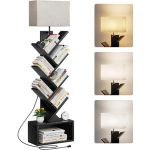 Evermagin 6 Tier Tree Bookshelf with Light, Narrow Bookcase Tower, Tall Floor Standing Book Shelf Organizer with Storage Cabinet for Living Room, Bedroom and Home Office, Black