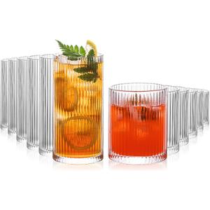 INSETLAN 12-Piece Ribbed Glassware - 6 Highball Glasses 12 oz, 6 Rocks Glass Cups 14 oz, Vintage Cocktail Drinking Glasses, Ideal for Juice, Water, Ice Coffee Cup, Whiskey, Mixed Drinkware