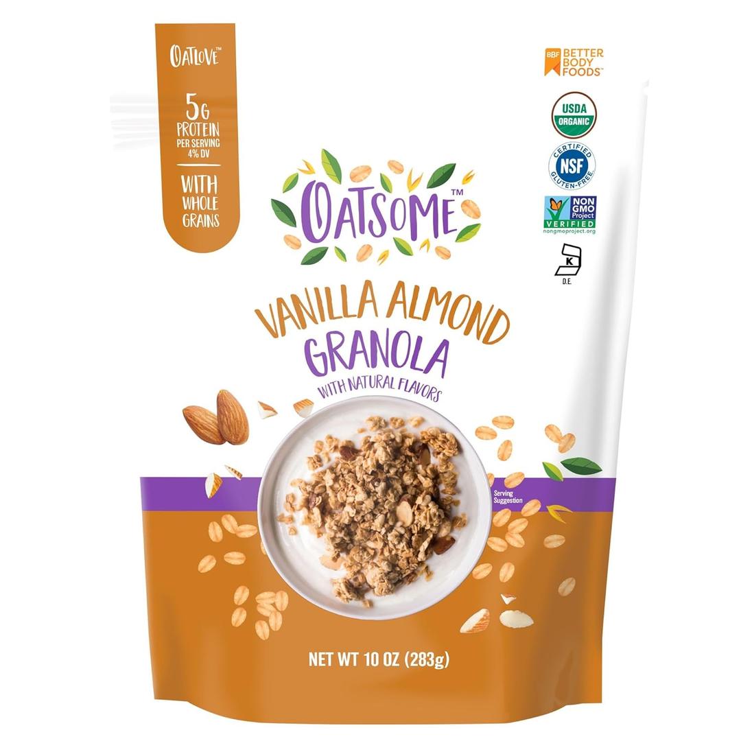 Oatsome Vanilla Almond Granola, Gluten Free, Non-GMO, 5g Protein, Made with Whole Grain Organic Oats, Honey, Almonds, & Vanilla, for Protein Snacks Cereals Breakfast Yogurt, 10 Oz Bag BBD: 6/05/2026
