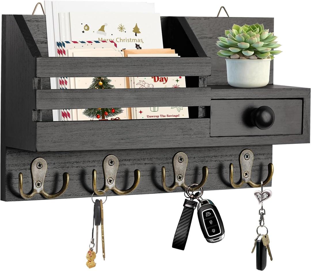 Key Holder Wall Mount, Wooden Adhesive Mail and Key Organizer with Drawer, Small Shelf, 8 Hooks, 2 Installation Methods, Black