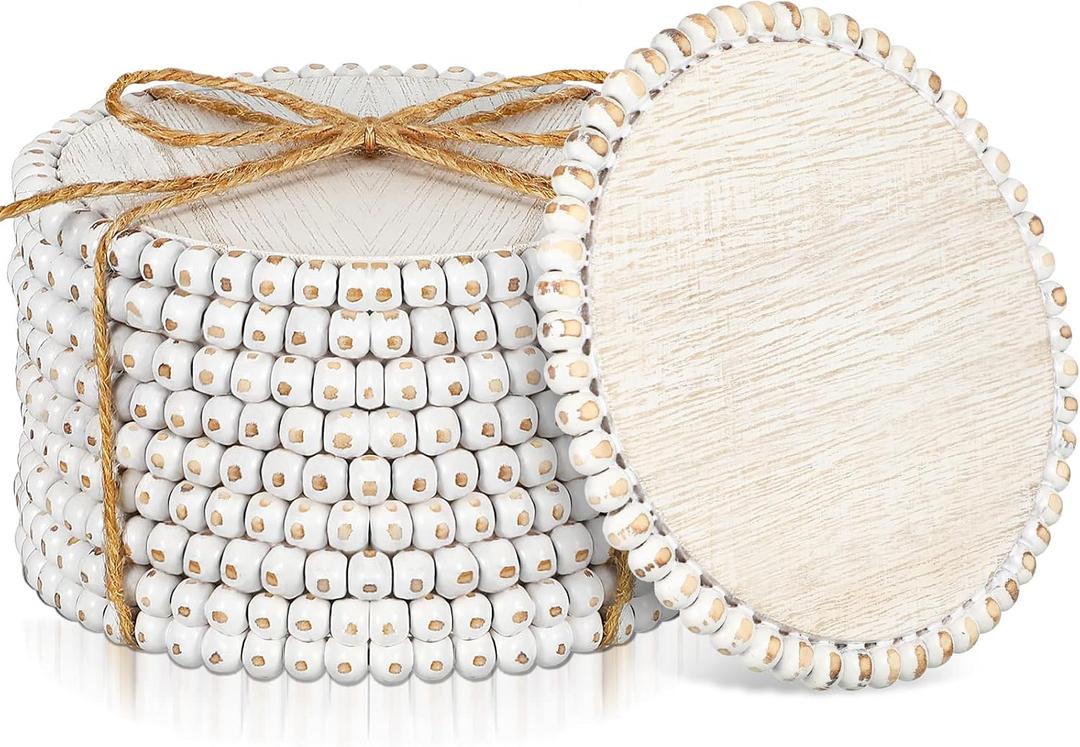 Meanplan 10 Pieces Beaded Wood Coasters Bulk Farmhouse Coasters for Drinks Coffee Table 4.7 Inch Round Farmhouse Beaded Rustic Decorative White Bar Mats for Home Kitchen Decor