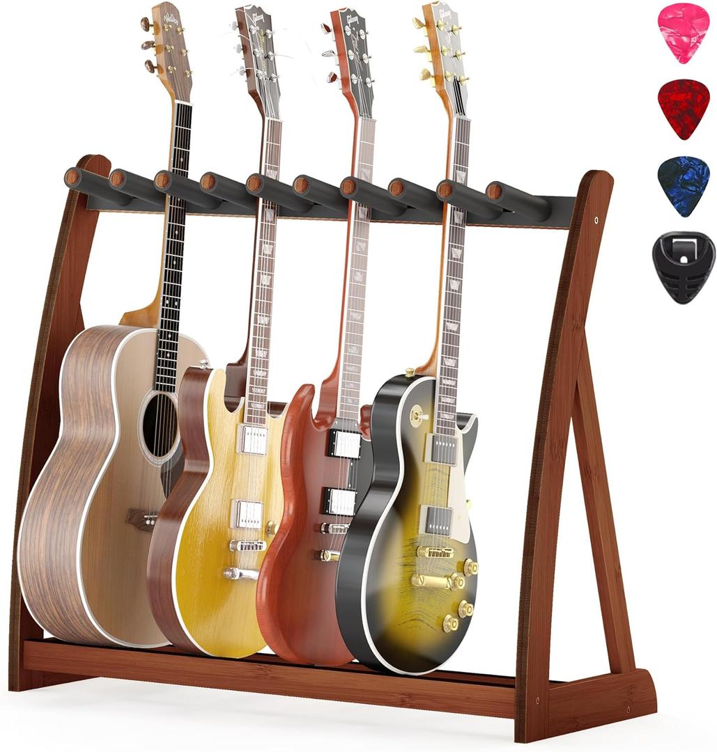 Guitar Stand Rack,Guitar Rack For Multiple Guitars Stands Floor for Electric,Acoustic,Bass Guitars &Case-Foldable, Adjustable,Protective with No-Slip Non-Scratch Padding ,for Home,Studio, Stage (walnut)