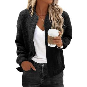 EVALESS Bomber Jackets for Women Spring Fashion 2025 Cute Jacquard Coats Lightweight Zip Up Jackets Dressy Casual (Small, Black)