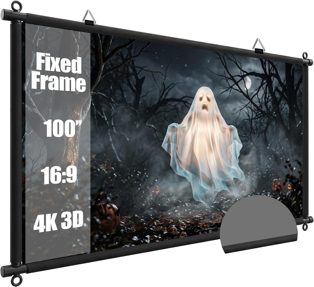 100 inch Fixed Frame Projector Screen, Anti Glare Outdoor Indoor Movie Projector Screen, Wrinkle-Free Hanging Projection Screen for Room Wall, Theater, Camping, Backyard, 4K HD 16:9