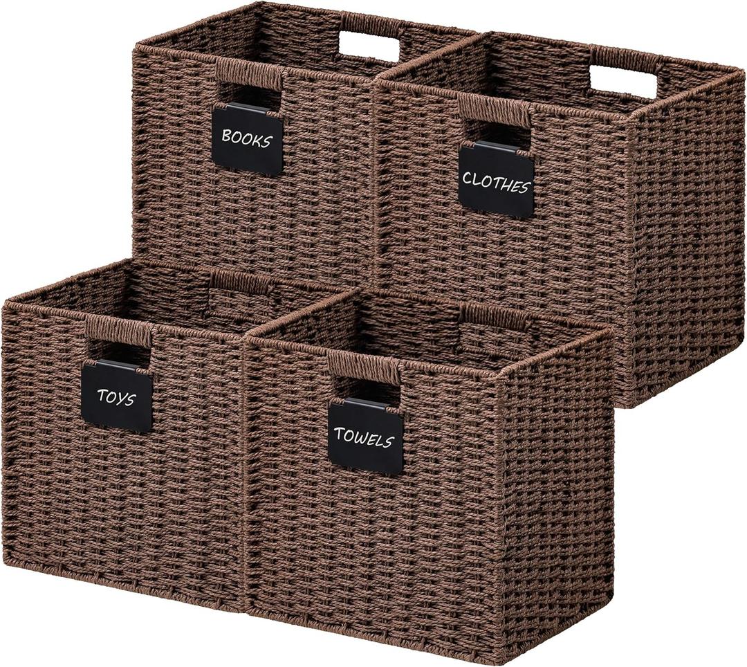 UBBCARE 4 Pack Wicker Basket, 10.5×10.5 Storage Cubes with Label, Foldable Cube Storage Bin with Handle, Square Storage Basket for Shelves, Woven Paper Rope Basket for Organizing, Brown