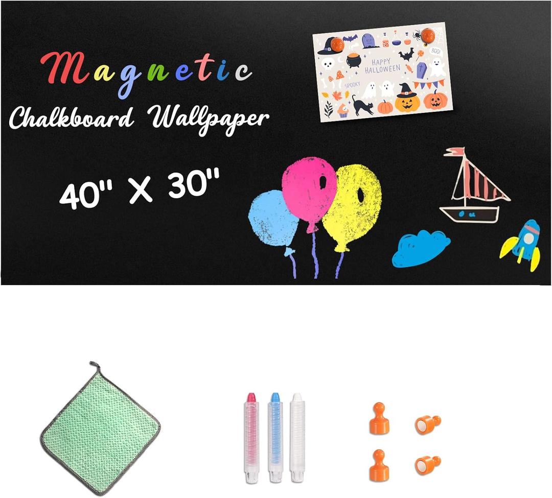 Magnetic Chalkboard Contact Paper for Wall, 40" X 30" Adhesive Blackboard Sticker, Chalk Board Magnet Wall for Kids Playroom Classrooms, Includes Dust-Free Chalks & Wipe Cloth & Magnet Black