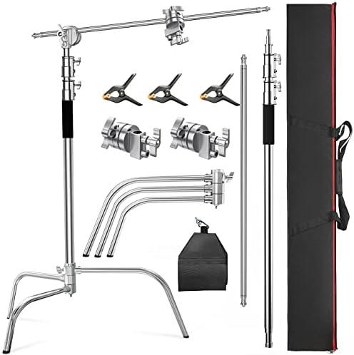 Altson Pro 100% Stainless Steel Heavy Duty C Stand with Boom Arm, Max Height 10.5ft/320cm Photography Light Stand with 4.2ft/128cm Holding Arm, 2 Grip Head for Studio Monolight, Softbox, Reflector