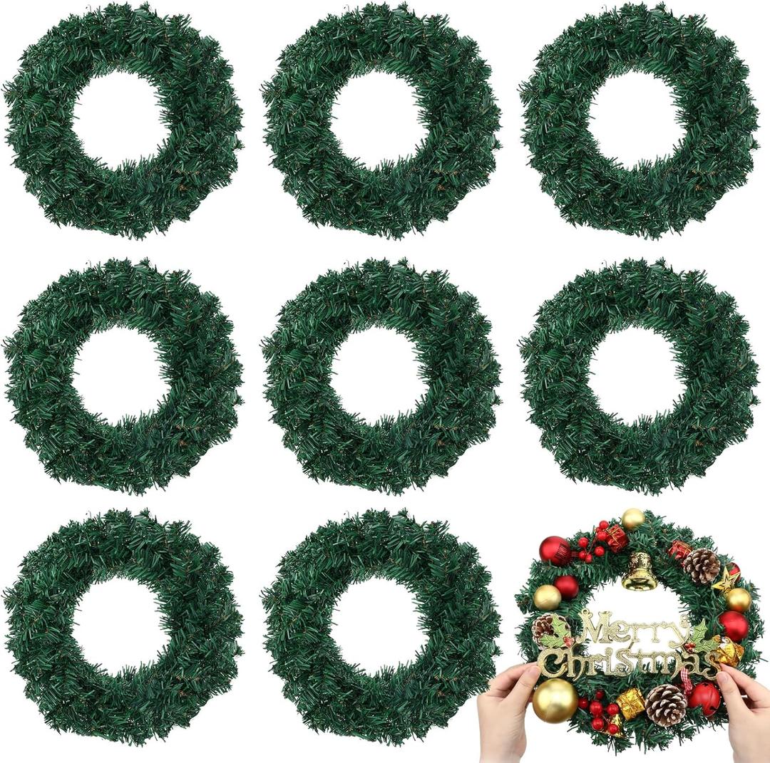 Zeyune Christmas DIY Green Wreath 14 Inch Artificial Christmas Wreaths Faux Plain Wreaths for Decorating Front Door Window Room Farmhouse Xmas Party Indoor Outdoor(Classic, 8 Pcs)