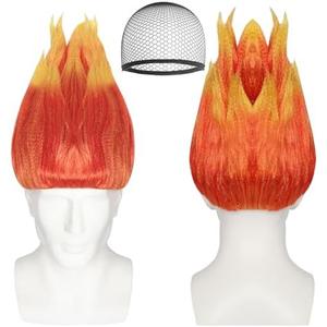 Gvhntk Anger Wig Flame Fire Wig Orange Short Red Wigs with Cap Spiked Spiky Fun Flame Shape Wigs Unisex Costume Outfit for Halloween Cosplay Party