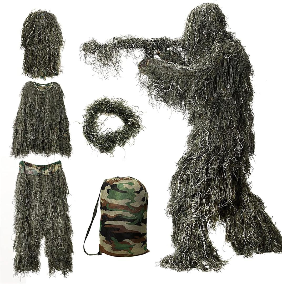 DoCred 5 in 1 Ghillie Suit, 3D Camouflage Hunting Apparel w/Jacket, Pants, Hood, Carry Bag for Adults/Youth, S/M/L/XL/XXL