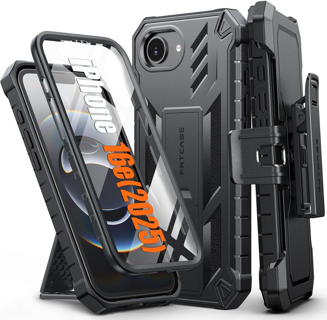 FNTCASE for iPhone 16e 2025 Case: for iPhone 16E Military Grade Rugged Phone Cover with Kickstand & Holster | Shockproof TPU Protection Bumper Matte Textured Design | Heavy Duty Protector (Black)