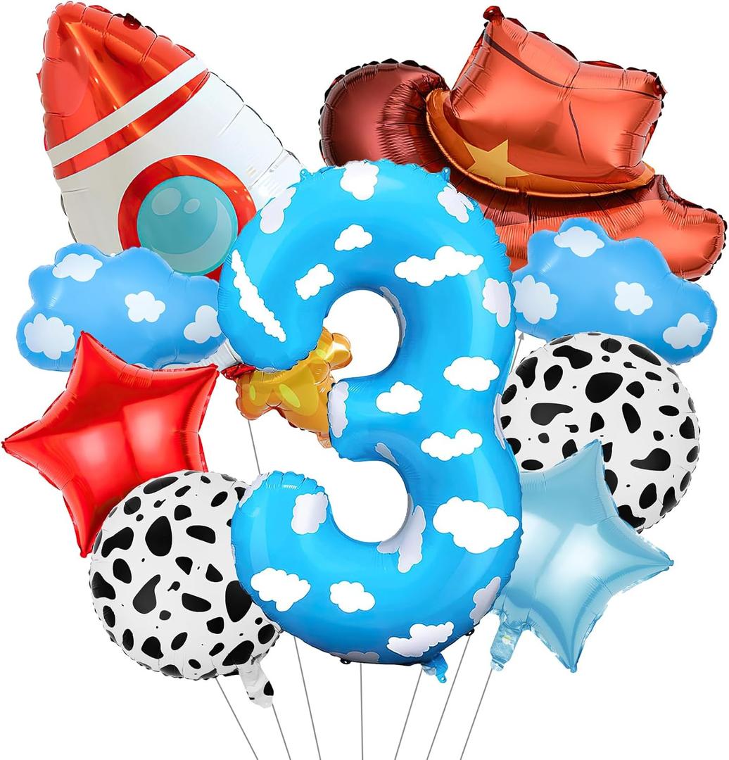 Toy Themed Decorations, 9pcs Cow Print Sky Blue Cloud Balloons with Rocket Balloon and Cowboy Hat Balloon for Kids Inspired Story 3rd Birthday Party Decorations (3rd)