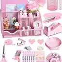 Pink Desk Accessories, 24Pcs Pink Office Supplies and Desk Organizers, with Tape Dispenser, Stapler, Staple Remover, Ect, Christmas Gifts