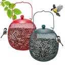 Veehoo Set of 2 Bird Feeder for Outdoors Hanging, Ball Metal Birdfeeder for Outside, Wild Finch Cardinal Chickadee Feeders for Peanut Black Oil Sunflower Seed, Red and Green