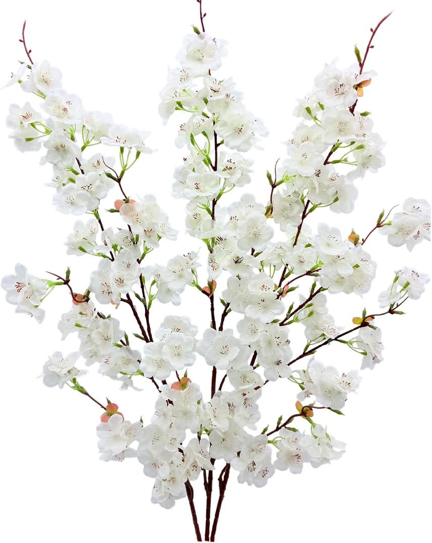 3PCS Artificial Cherry Blossom Flowers Branches 42" Long Stem White Silk Cherry Blossom Tree Faux Cherry Blossom Tall Fake Flower Arrangement for Spring Summer Wedding Indoor Outdoor Decor