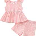 Kucnuzki Toddler Baby Girl Clothes Sleeveless Tank Tops Ruffle Halter Shirts Floral Shorts 2 Piece Set Summer Outfits (Pink, S)