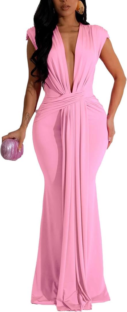 Ekaliy Elegant Bodycon Dresses for Women Deep V Neck Maxi Dress Mermaid Long Dress (XX-Large, Pink)