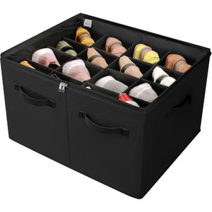 Shoe Organizer for Closet, Foldable Shoe Box with Adjustable Dividers and Clear Cover, Space Saving Shoe Storage Organizer Cabinet with Reinforced Handles, Fits 16 Pairs, Black, TP09B (Large(20.87''L x 16.54''W x 13.5''H))