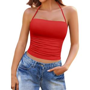 Avidlove Halter Tops for Women Going Out Double Lined Sexy Crop Tank Top Ruched Slim Fit Cami Y2K Outfits (Medium, Red)