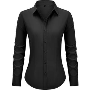 Button Down Shirts for Women Long Sleeve Dress Shirts Slim Fit Wrinkle Free Collared Blouse Work Office Blouse Tops (XX-Large, B-black)