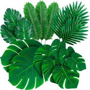 Decopom Palm Leaves Artificial Tropical Monstera-84Pcs 6 Kinds Large Small Green Fake Palm Leaf with Stems for Safari Jungle Hawaiian Luau Party Table Decoration Wedding Birthday Theme Party