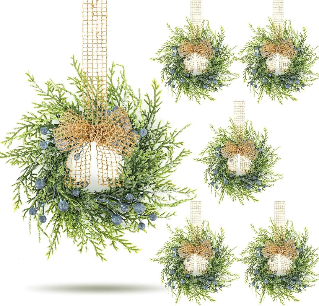 6 PCS Small Spring Summer Blue Berry Cabinet Wreath Artificial Mini Kitchen Wreaths Vintage Swags Wreath with Retro Burlap Ribbon for Farmhouse Rustic Home Front Door Window Pillar Wedding Chair Wall