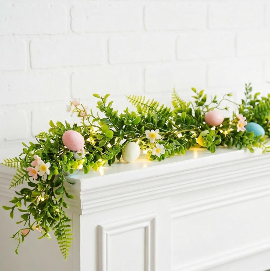 6FT Easter Garland for Mantle with Lights, Easter Decorations for Home, Egg Garland for Spring Fireplace Decor Indoor