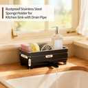 MOUKABAL Sponge Holder for Kitchen Sink Rustproof Stainless Steel, 360 Rotating Drain Pipe, Large Counter Organizer with Drip Tray for Sponges, Brushes & Dish Cloths Black